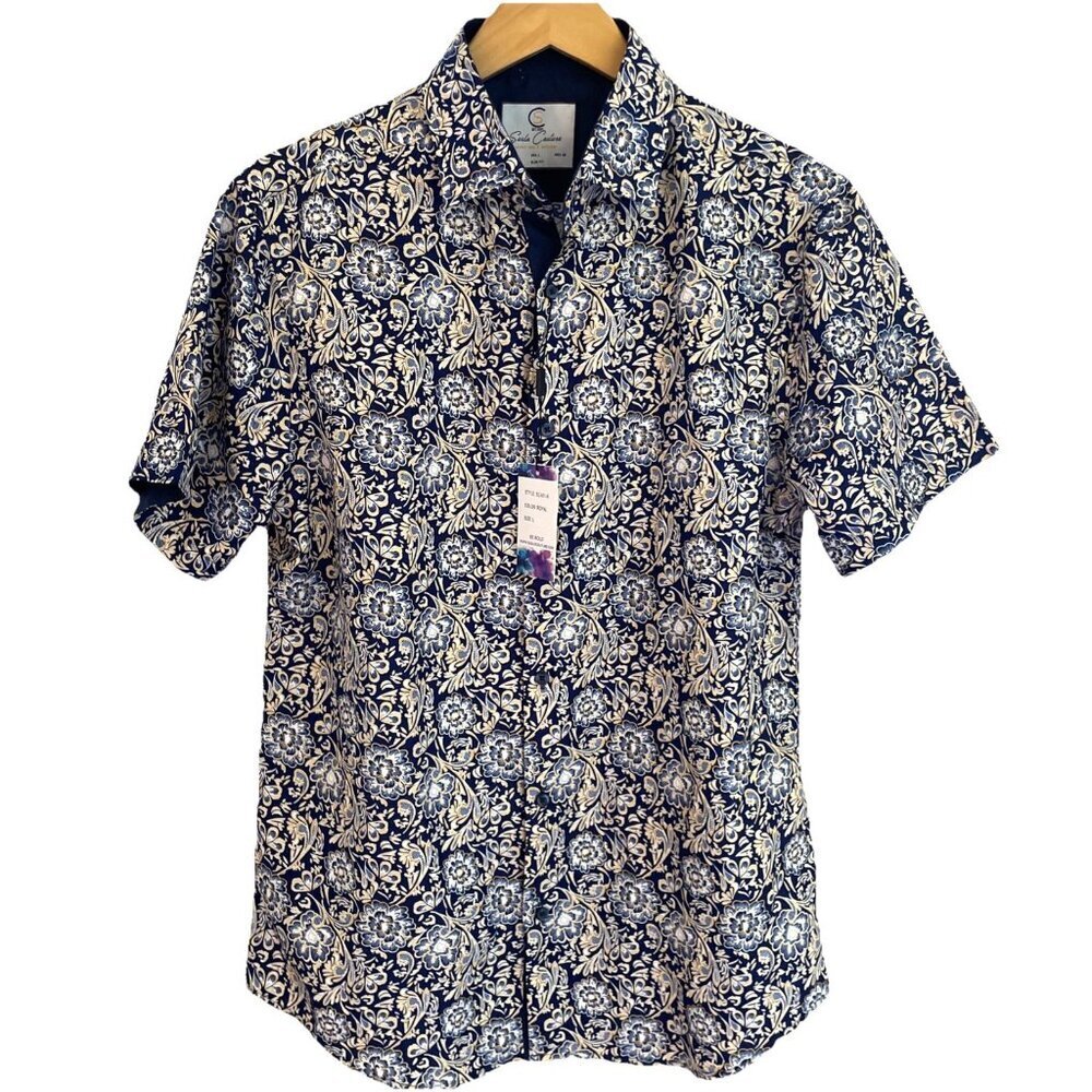Suslo Couture Button Front Shirt Size L Slim Fit Blue Paisley Lightweight Luxury